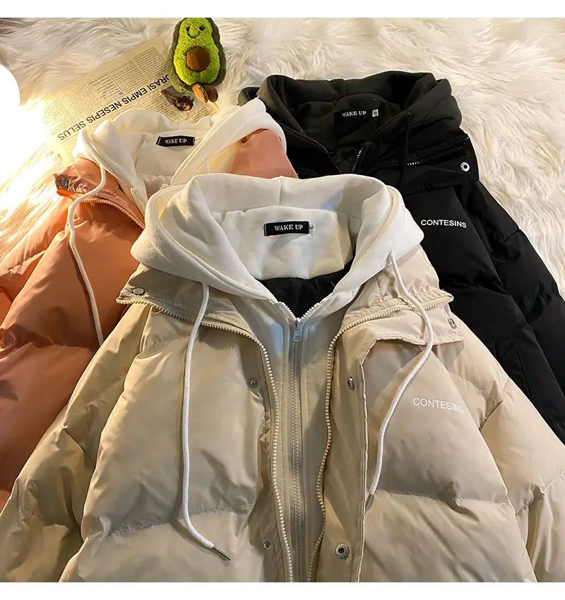 Damen Winterjacke, dick gefüttert, mit Kapuze und Reißverschluss, in Beige, Schwarz und Rosa. Y2K-Stil, vielseitig, warm und modisch.