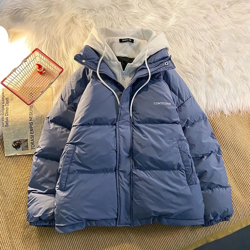 Damen Winterjacke, dick gefüttert, blau, mit Kapuze und Reißverschluss. Vielseitige Y2K-Mode, ideal für kalte Tage. Baumwollmischung.