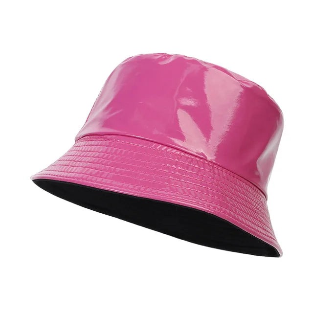 Rosa Metallic-Bucket-Hat aus Kunstleder, wendbar, mit breiter Krempe. Perfekt für Harajuku-Mode und Reisen. Trendiger Fischerhut.