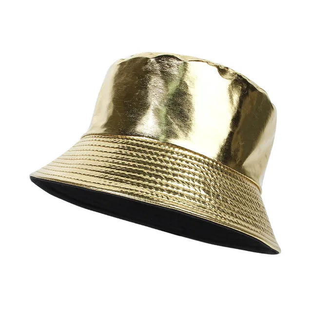 Goldener Kunstleder-Bucket-Hat, Harajuku-Stil, reflektierend, wendbar, breiter Rand, ideal für Reisen und modische Streetwear.