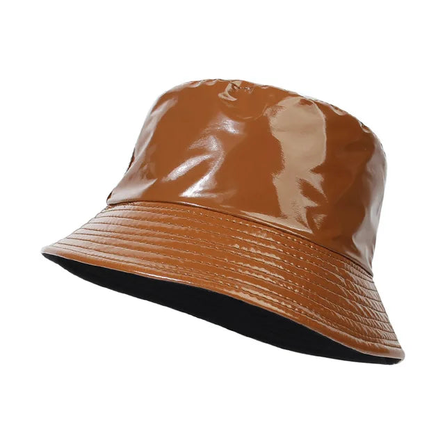 Damen und Herren Kunstleder-Bucket-Hat, Harajuku-Stil, glänzend, reflektierend, wendbar, breiter Rand, modisch, ideal für Reisen.