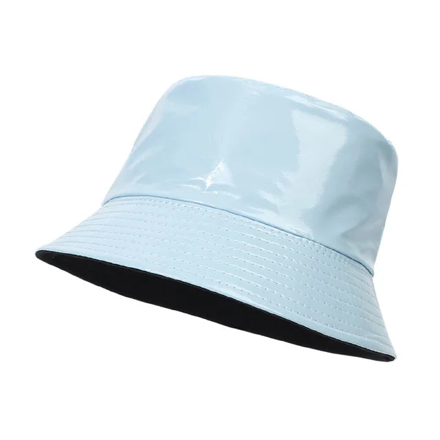 Faux-Leder-Bucket-Hat in Metallic-Look, holografisch reflektierend, reversibel, ideal für Reisen. Modischer Fischerhut für Damen und Herren.