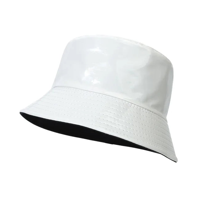 Faux-Leder-Bucket-Hat, Harajuku-Stil, holografisch, reflektierend, wendbar, breiter Rand, modisch, unisex, ideal für Reisen und Outdoor.