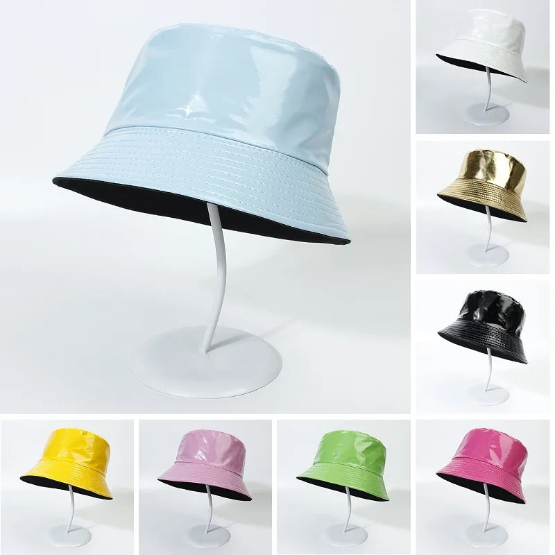 Faux-Leder-Bucket-Hat, holografisch, reflektierend, reversibel, in verschiedenen Farben. Modischer Fischerhut für Damen und Herren.