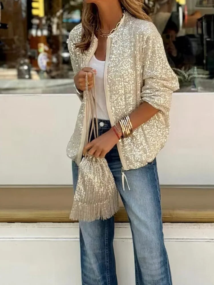 Damenjacke mit Pailletten, Langarm, O-Neck, Reißverschluss, ideal für Frühling/Sommer 2024. Modische Loungewear, perfekt für stilvolle Outfits.
