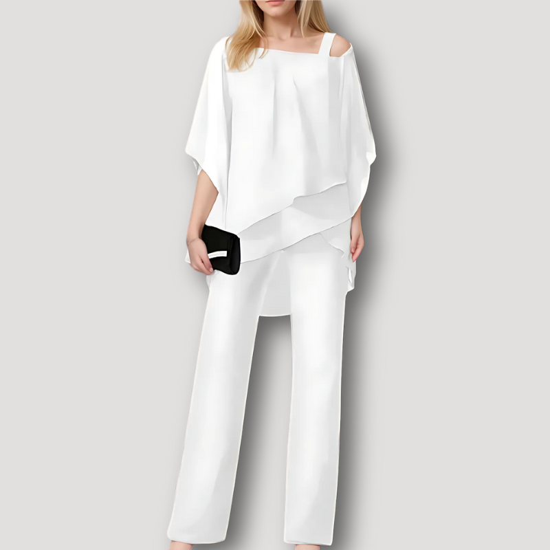 Elegantes Damen-Abendset in Weiß, bestehend aus asymmetrischer Bluse und Hose. Perfekt für stilvolle Anlässe. Hochwertige Mode für Frauen.