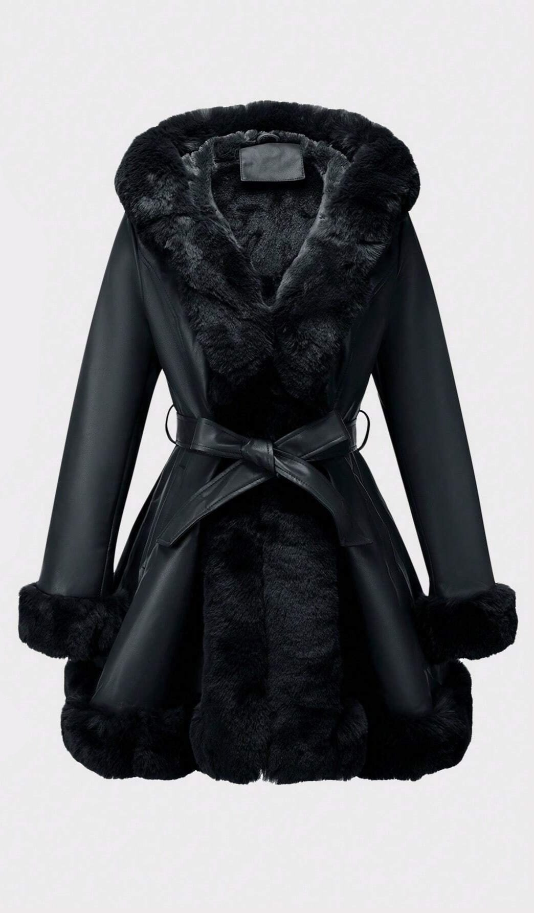 Damen PU Jacke mit Kunstfellfutter, Kapuze und Taillengürtel. Warm und stilvoll für Herbst und Winter. Perfekt für modische Outfits.