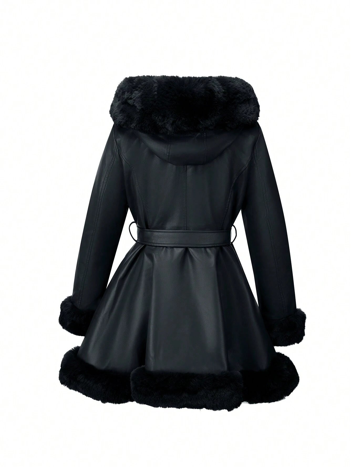 Damen PU-Jacke mit Kunstfellfutter, Kapuze und Taillengürtel. Perfekt für Herbst und Winter. Modisch, warm und stilvoll.