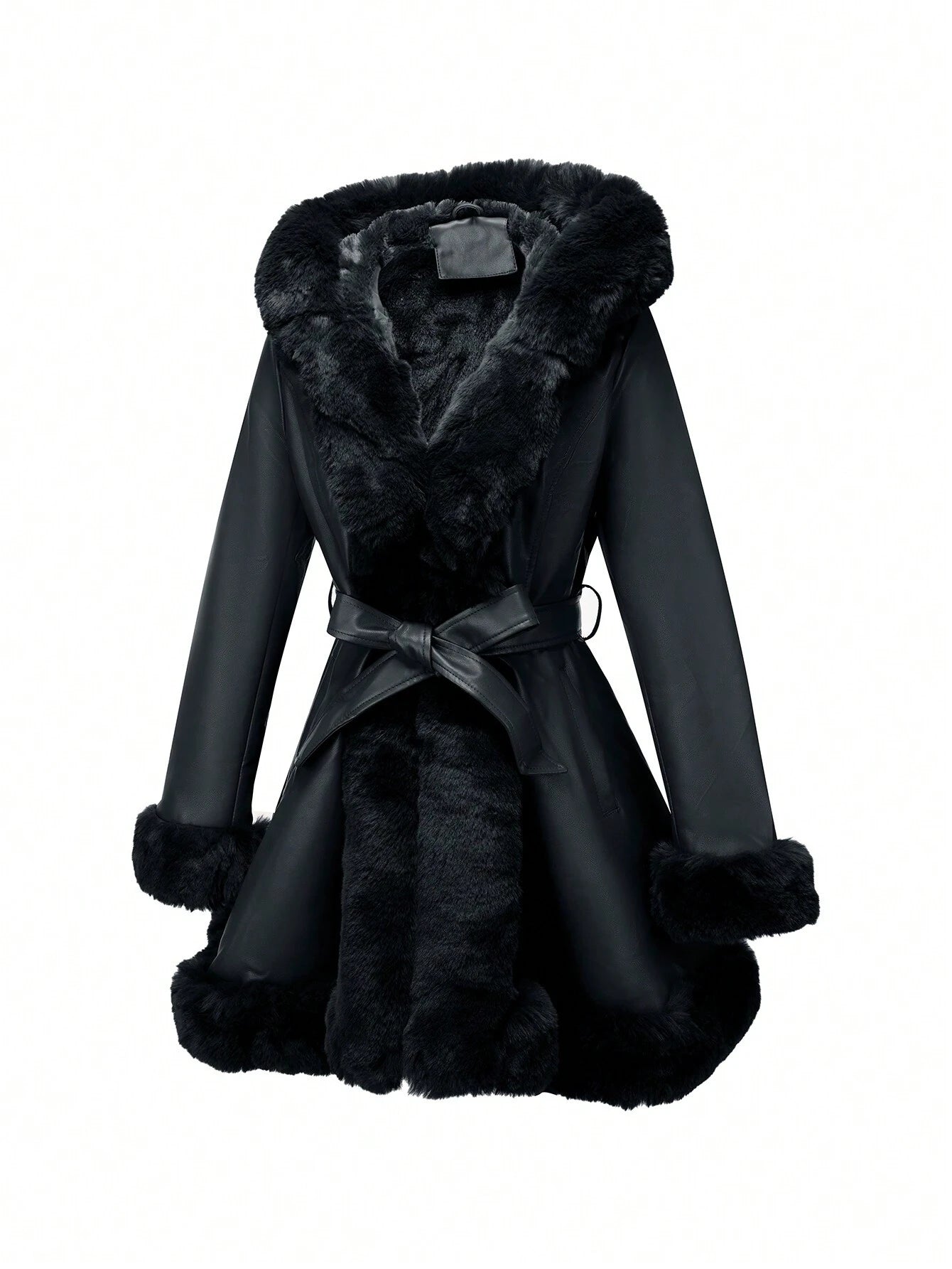 Damen PU Jacke mit Kunstfellfutter, Kapuze und Taillengürtel. Perfekt für Herbst und Winter. Modisch, warm, stilvoll. Ideal für kalte Tage.