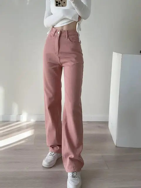 Damenjeans in Rosa, Y2K-Stil, hohe Taille, weites Bein, Voll-Länge. Modische, bequeme Denim-Hose für trendbewusste Frauen.