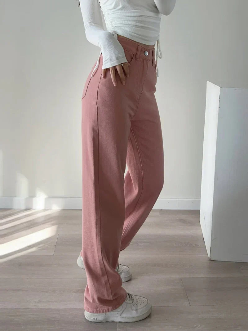 Damenjeans in Rosa, Y2K-Stil, hohe Taille, weites Bein, Voll-Länge. Modische Denim-Hose, ideal für trendige Streetwear-Looks.