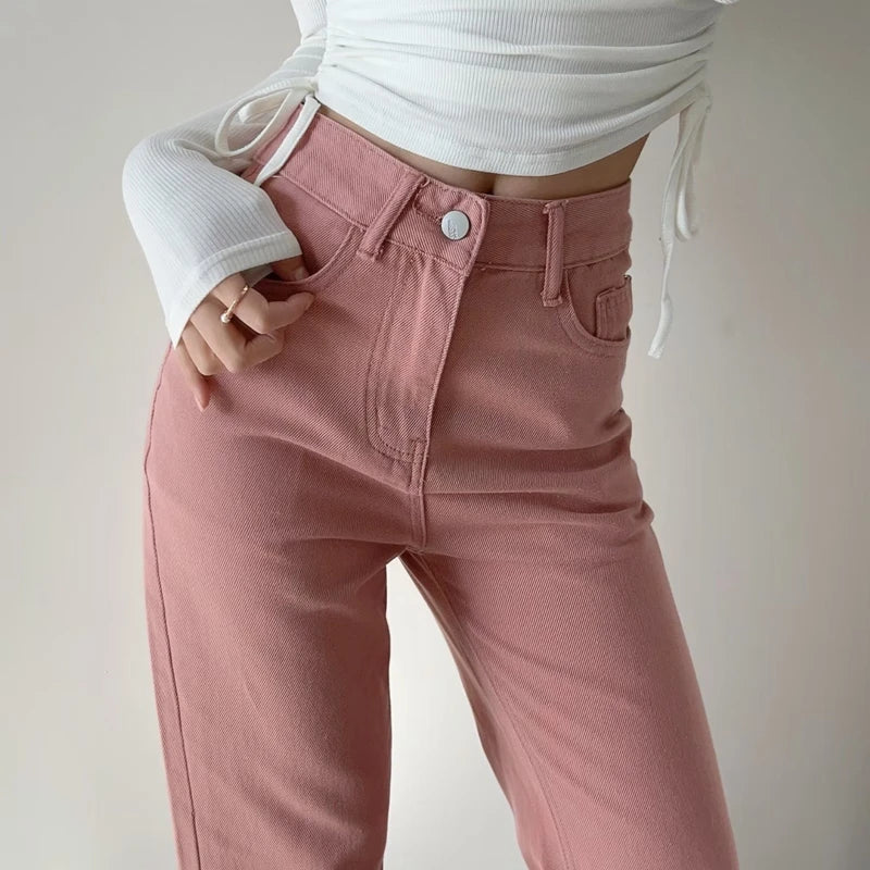 Damen-Jeans, rosa, Y2K-Stil, hohe Taille, weites Bein, Voll-Länge, modische Denim-Hose, ideal für trendige Outfits und lässige Looks.