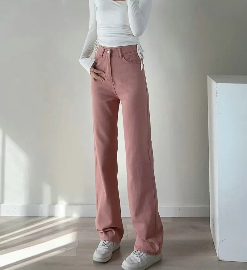 Damenjeans in Rosa, Y2K-Stil, hohe Taille, weites Bein, Voll-Länge. Modische, bequeme Denim-Hose, ideal für trendige Outfits.