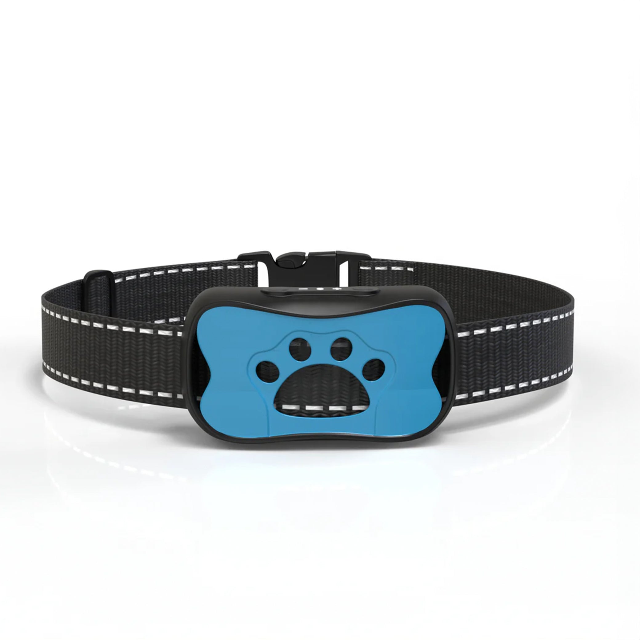 Anti-Bell-Halsband für Hunde, blaues Design mit Pfotenmotiv, verstellbar, effektiv gegen Bellen, hochwertig, langlebig, ideal für Training.