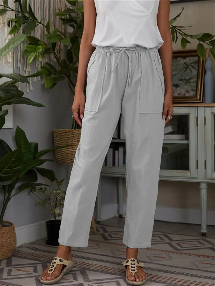 Damenhose aus Baumwoll-Leinen, locker geschnitten, hohe Taille, einfarbig, ideal für Sommermode 2023. Perfekt für lässige Anlässe.
