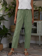 Damenhose aus Baumwoll-Leinen, grün, hohe Taille, lässig, Sommermode 2023. Ideal für Freizeit, bequem und stilvoll.