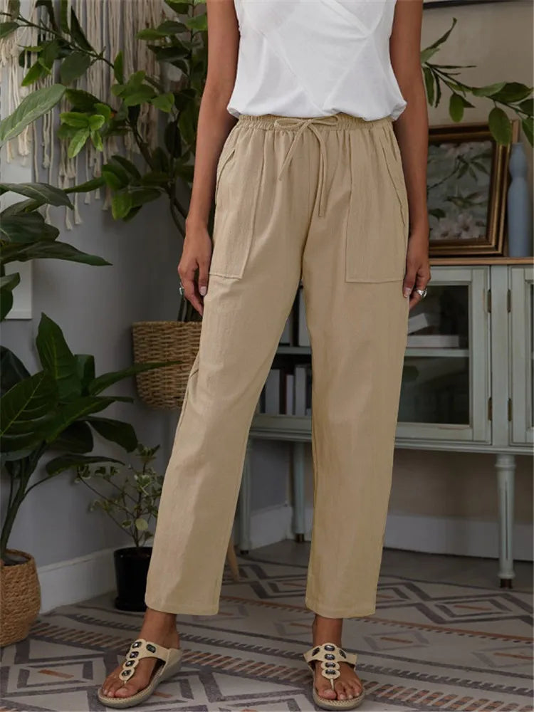 Damenhose aus Baumwoll-Leinen, beige, hohe Taille, lässig, Sommermode 2023. Ideal für Freizeit, bequem und stilvoll.