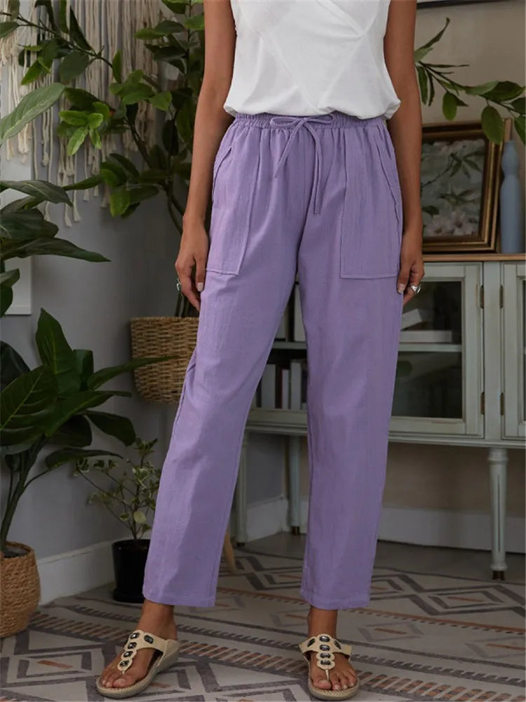Damenhose aus Baumwoll-Leinen in Lila, hohe Taille, lässig und locker, ideal für Sommermode 2023. Perfekt für stilvolle Freizeitoutfits.