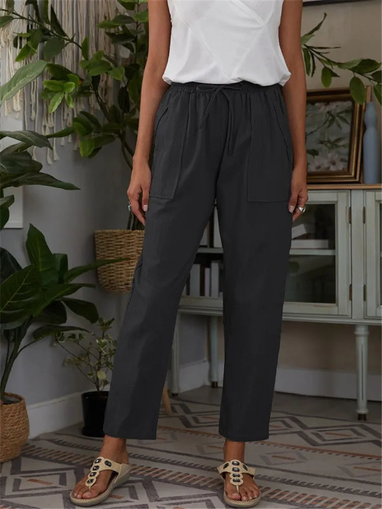 Damenhose aus Baumwoll-Leinen, hohe Taille, lässig, einfarbig, Sommermode 2023. Ideal für Freizeit und Komfort.