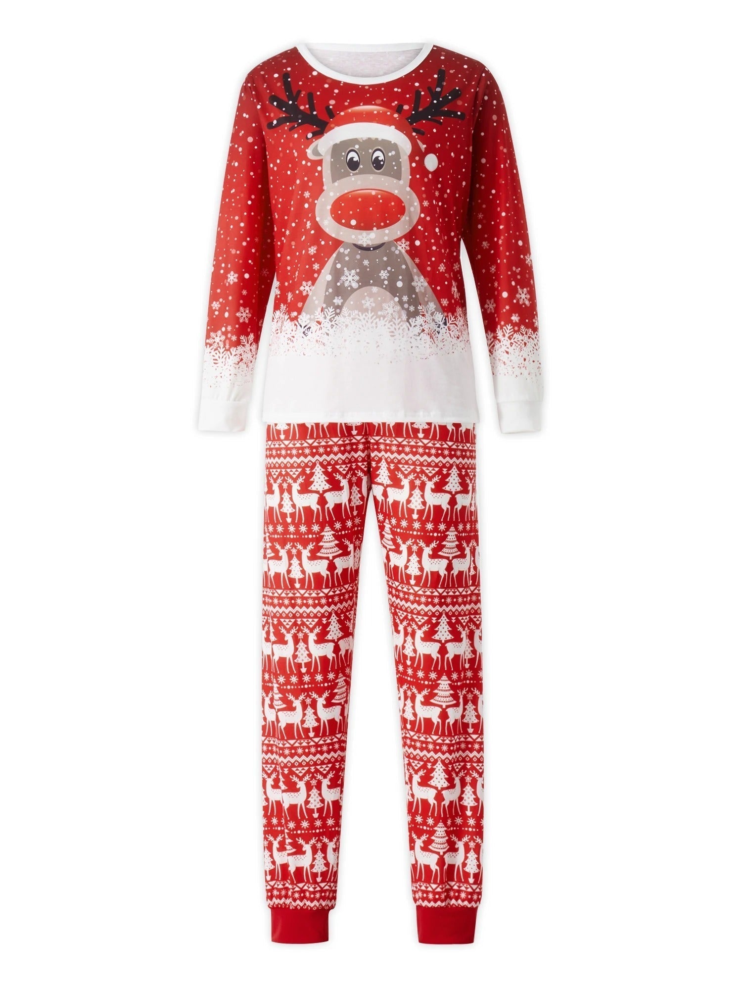 Roter Weihnachts-Pyjama mit Rentiermotiv, langärmelig, aus Baumwolle, ideal für festliche Anlässe und gemütliche Winterabende.