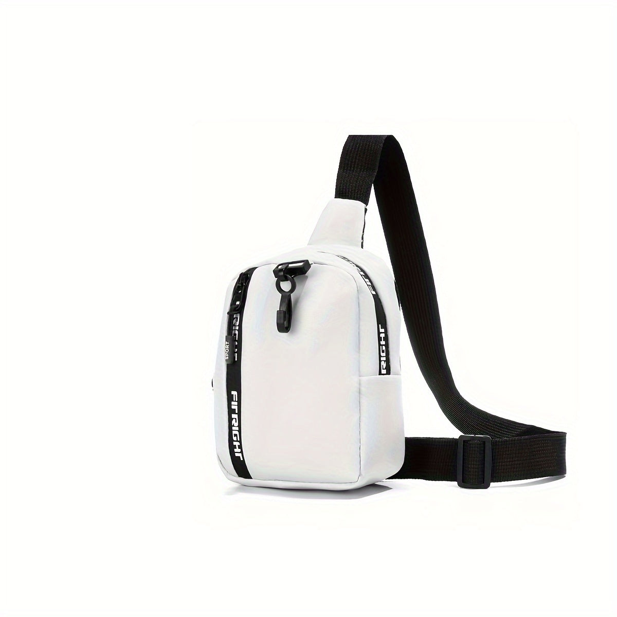 Weiße Umhängetasche mit schwarzem Riemen, modernem Design und Reißverschluss. Ideal für Reisen und Alltag. Stylische Crossbody-Tasche.