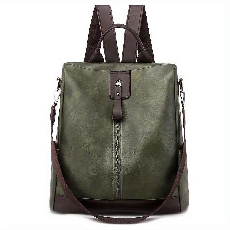 Grüner Rucksack aus Leder mit verstellbaren Trägern und Reißverschluss. Stilvoller, vielseitiger Damenrucksack für Alltag und Reisen.