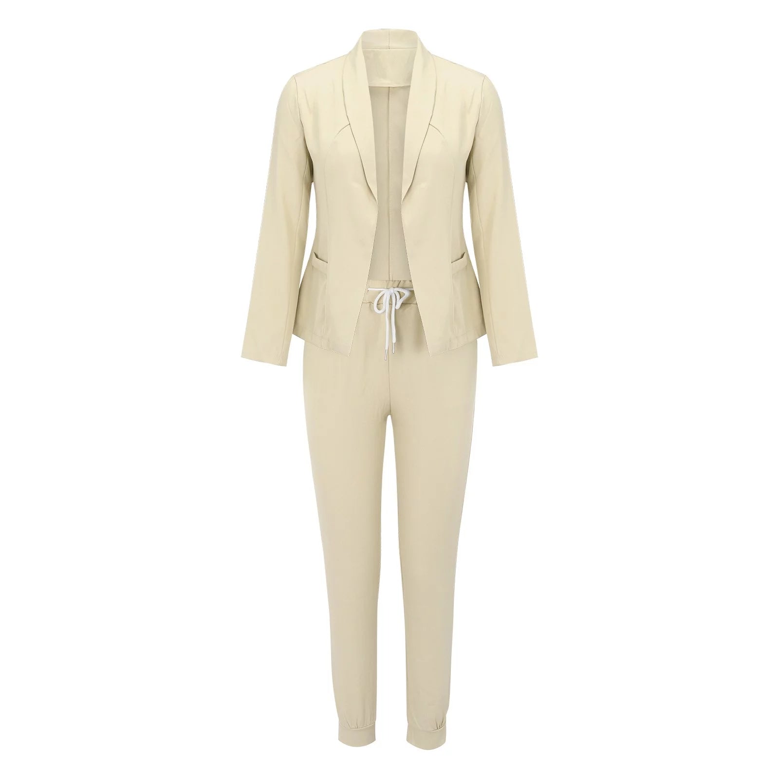 Beiger Damen-Jogginganzug mit Blazer-Design, ideal für Freizeit und Büro. Komfortable Passform, modisch und vielseitig einsetzbar.