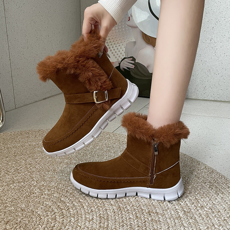 Damen-Winterstiefel, braun, mit Kunstfell, Reißverschluss und Schnalle, rutschfeste Sohle. Perfekt für kalte Tage. Modisch und bequem.