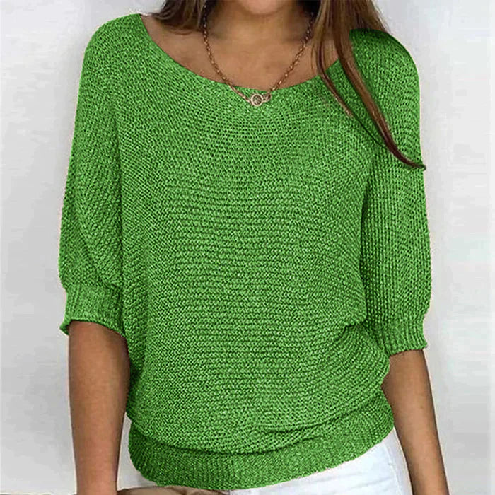Grüner Damenpullover mit Rundhalsausschnitt, dreiviertel Ärmel, lässiger Strick, modisch, bequem, ideal für Frühling und Herbst.