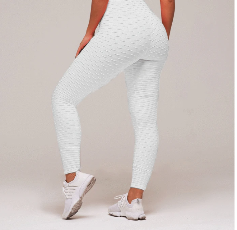 Weiße Anti-Cellulite-Leggings, nahtlos, figurformend, Damenmode, Sportbekleidung, Testsieger.