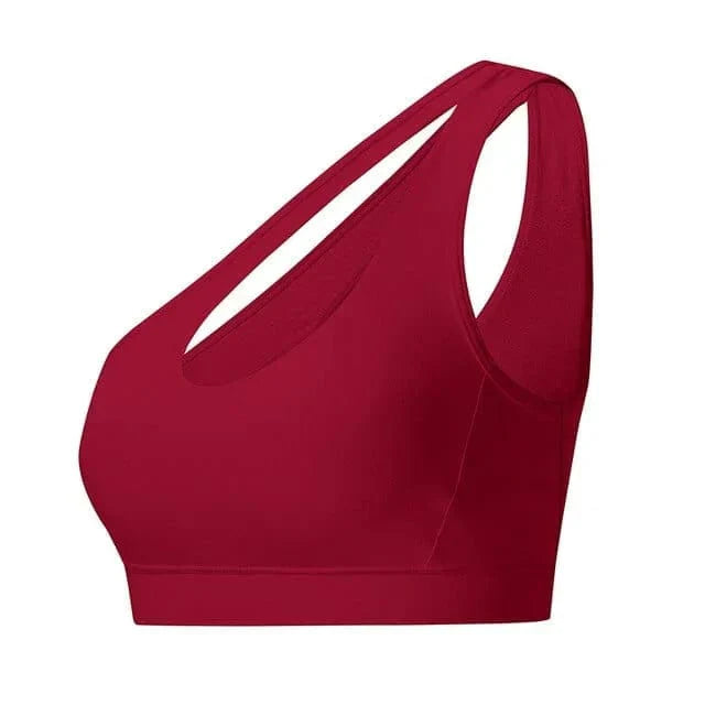 Asymmetrischer Sport-BH in Rot, nahtloses Design, ideal für Yoga und Fitness. Atmungsaktiv, elastisch, bietet optimalen Halt und Komfort.