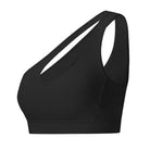Asymmetrischer Sport-BH in Schwarz, ideal für Fitness und Yoga. Atmungsaktives Material, stilvolles Design, perfekte Passform für aktive Frauen.