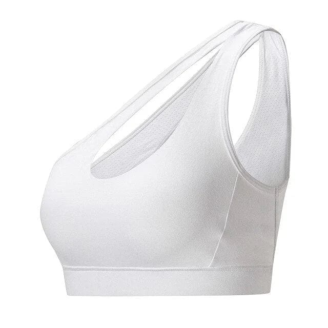Asymmetrischer Sport-BH in Weiß, ideal für Yoga und Fitness. Atmungsaktives Material, stilvolles Design, perfekte Passform für aktive Frauen.