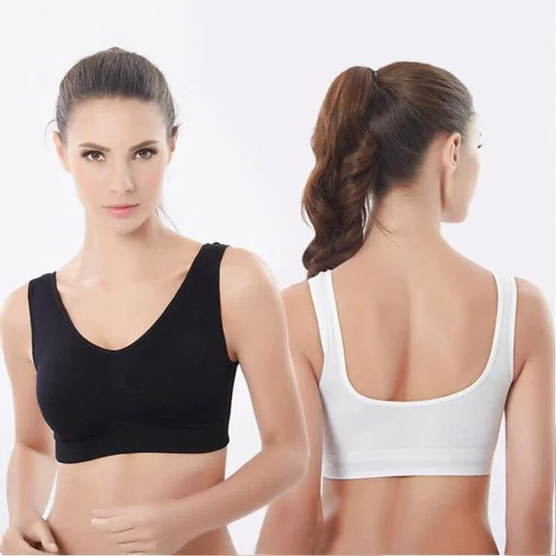 Atmungsaktiver Sport-BH für Damen, ideal für Fitness und Yoga. Bequemer Halt, nahtloses Design, erhältlich in Schwarz und Weiß.