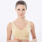 Beiger, atmungsaktiver Sport-BH für Damen, ideal für Fitness und Yoga. Komfortabel, elastisch, in Größe S erhältlich. Perfekt für aktive Frauen.