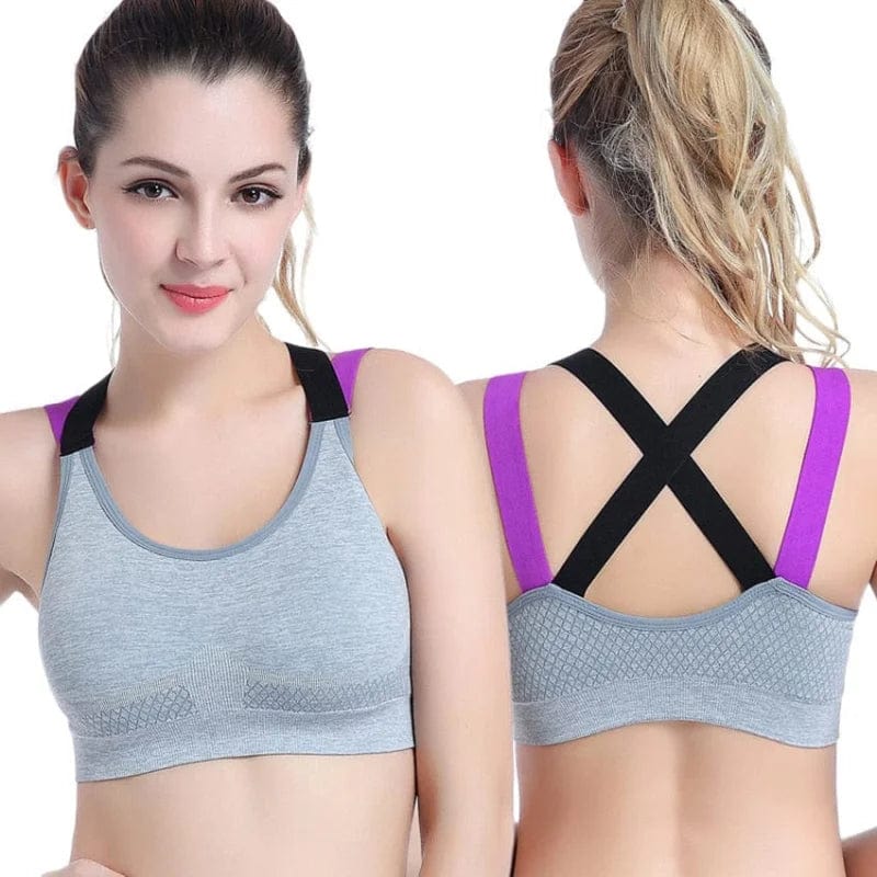 Grauer atmungsaktiver Sport-BH mit lila Trägern, ideal für Fitness und Yoga. Komfortabel, schweißableitend, nahtloses Design.