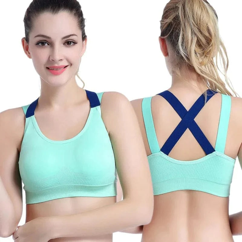 Damen Sport-BH in Grün, atmungsaktiv, mit blauen Trägern. Ideal für Fitness und Yoga. Komfort und Stil vereint. Größen: S-XL.