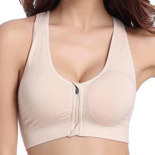 Beiger Sport-BH mit Reißverschluss, atmungsaktiv und bequem, ideal für Fitness und Yoga. Damen-Sportbekleidung, hoher Tragekomfort.