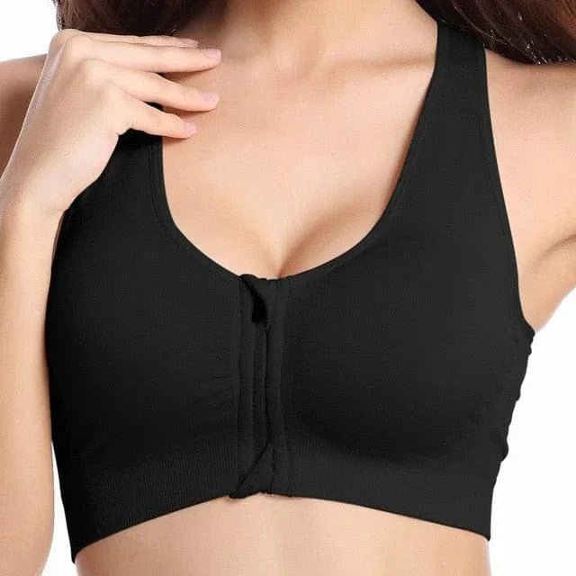 Schwarzer atmungsaktiver Sport-BH mit Reißverschluss, ideal für Fitness und Yoga. Bequeme Passform, hochwertige Materialien, perfekte Unterstützung.