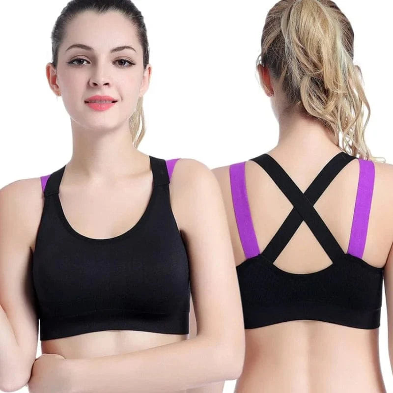 Schwarzer Sport-BH für Damen, atmungsaktiv, mit lila Trägern, ideal für Fitness und Yoga. Komfortable Passform, Größe S.