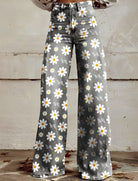 Graue Schlaghose mit Gänseblümchenmuster, modisch und retro, ideal für trendige Outfits. Perfekt für Frühlings- und Sommermode.