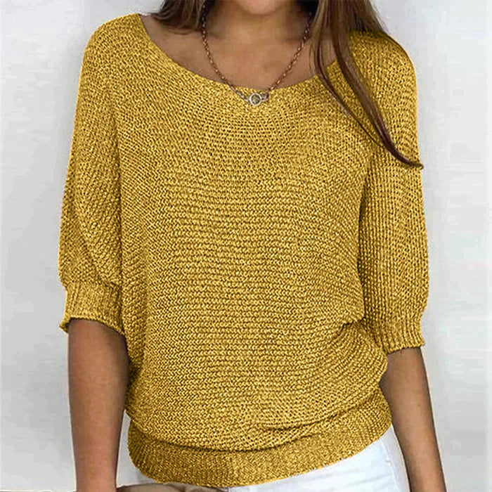 Damenpullover in Senfgelb, Strickdesign, 3/4-Ärmel, lässiger Stil. Perfekt für Herbstmode, bequem und stilvoll. Ideal für Freizeitoutfits.
