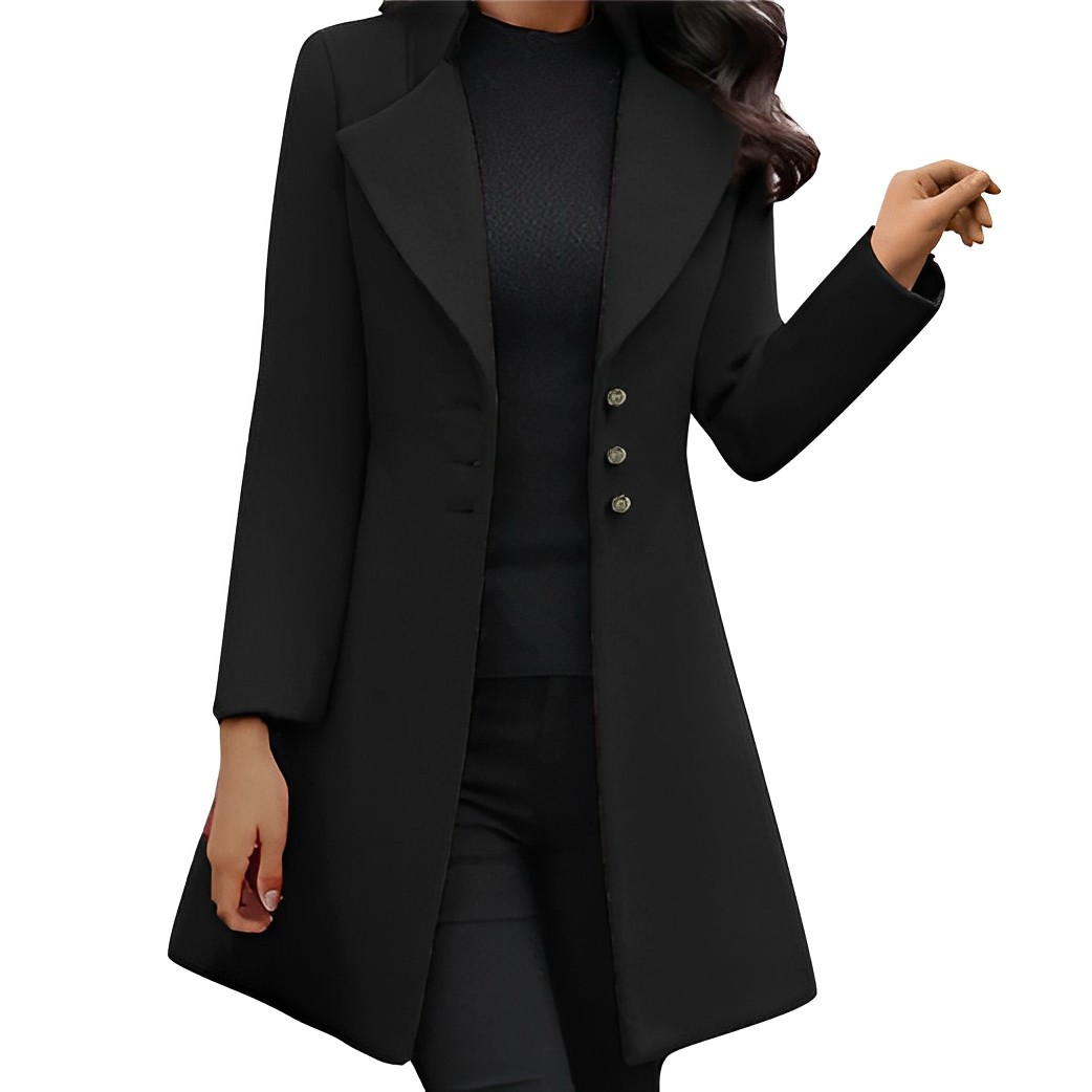 Eleganter schwarzer Damenmantel mit Knopfleiste, ideal für Herbst und Winter. Modischer, zeitloser Look für stilvolle Outfits.