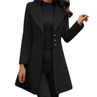 Eleganter schwarzer Damenmantel mit Knopfleiste, ideal für Herbst und Winter. Modischer, zeitloser Look für stilvolle Outfits.