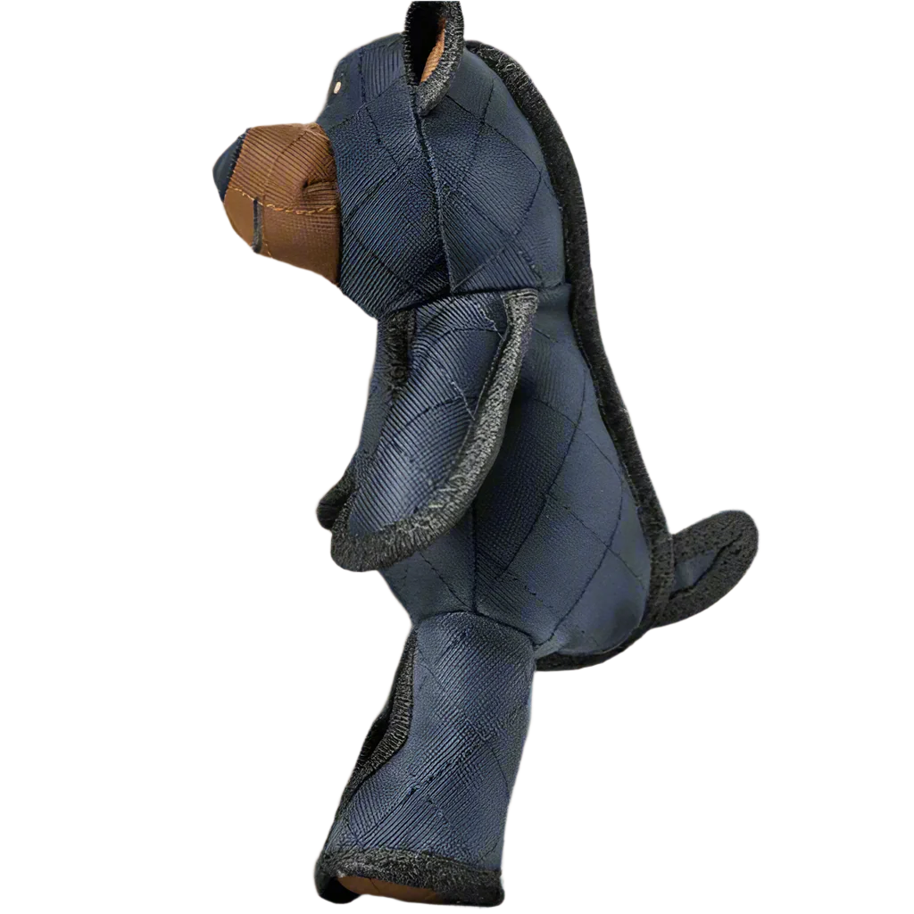 Plüschbär in dunkelblauem Stoff, stehende Position, mit braunen Akzenten. Perfektes Kuscheltier für Kinder. Hochwertiges Design, langlebig.