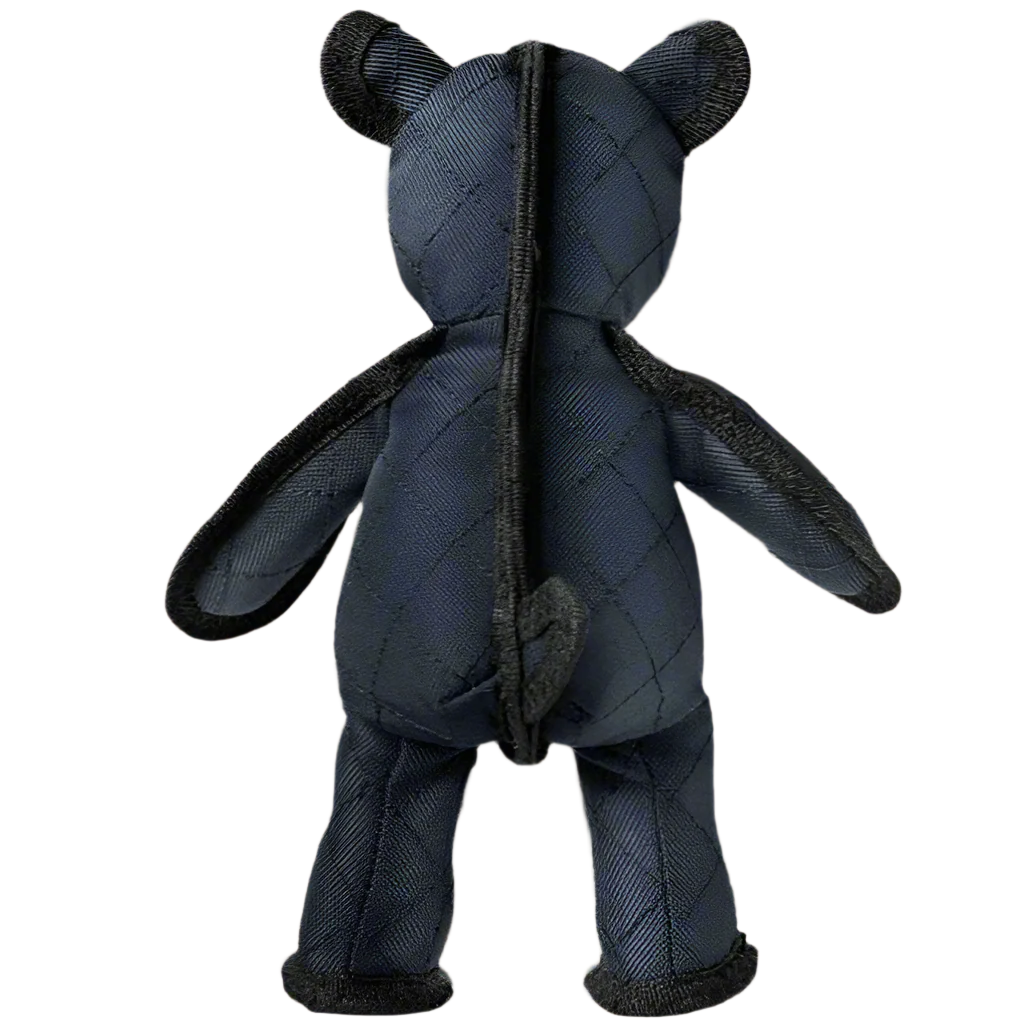 Schwarzer Plüschbär von hinten, mit aufrechten Ohren und gestepptem Stoff. Perfektes Kuscheltier für Kinder. Hochwertiges Spielzeug, Geschenkidee.