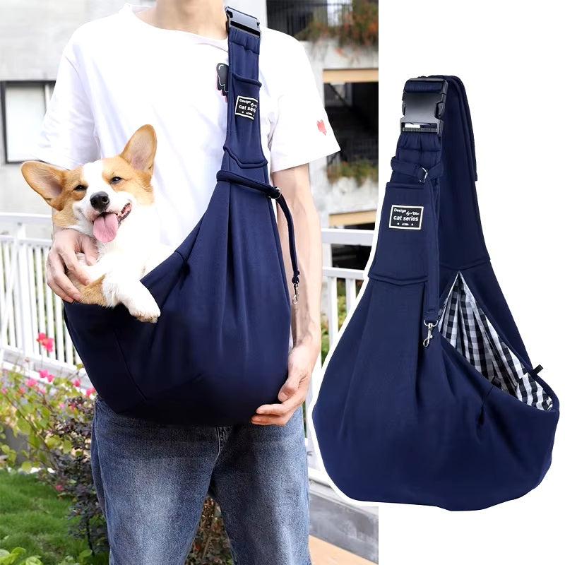 Tragetasche für Hunde, dunkelblau, mit verstellbarem Gurt. Ideal für kleine Haustiere, bequem und stilvoll für unterwegs. Perfekt für Corgis.