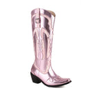 Rosa Cowboystiefel aus Leder mit spitzer Zehenpartie und Blockabsatz. Westernstiefel Damenmode, trendige Schuhe, stylische Boots.