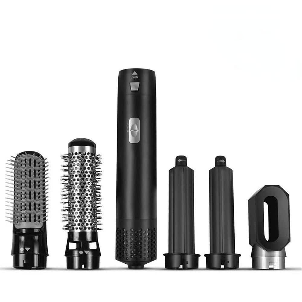 Schwarzer Haartrockner mit fünf Styling-Aufsätzen, ideal für Locken, Glätten und Volumen. Perfektes Haarstyling-Set für Zuhause.