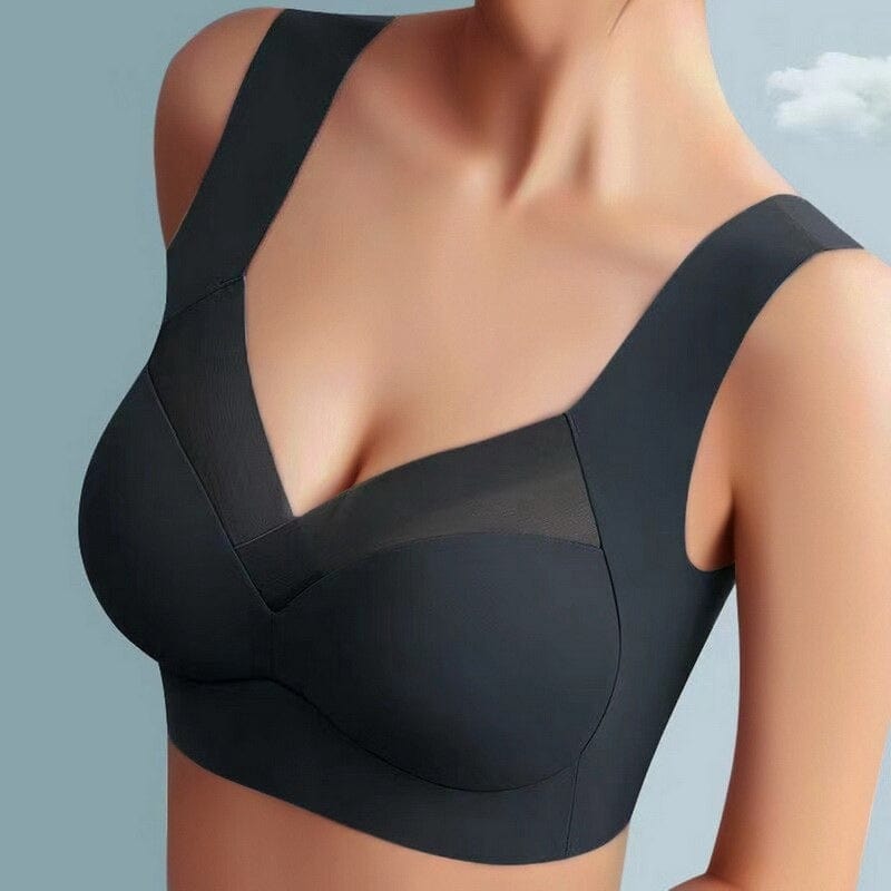 Nahtloser schwarzer Damen-BH mit breiten Trägern, V-Ausschnitt und glattem Design. Bequem, stützend, ideal für den Alltag. Große Größen verfügbar.